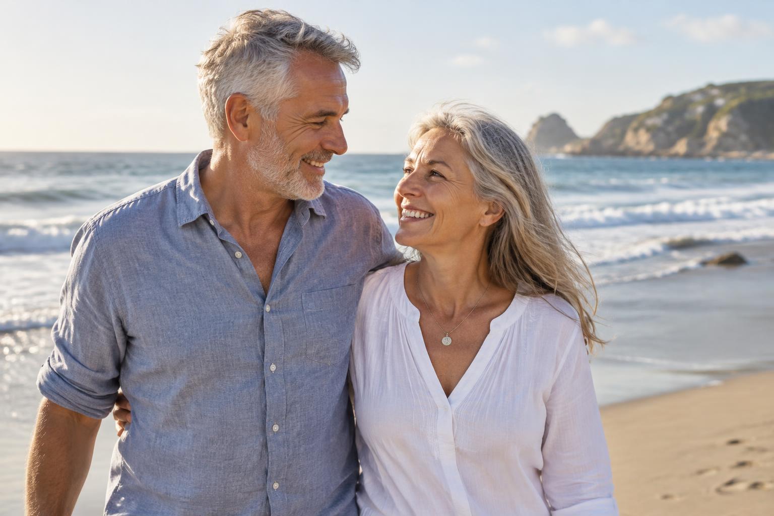 A healthy middle-aged couple smiling at each other on a sunny beach