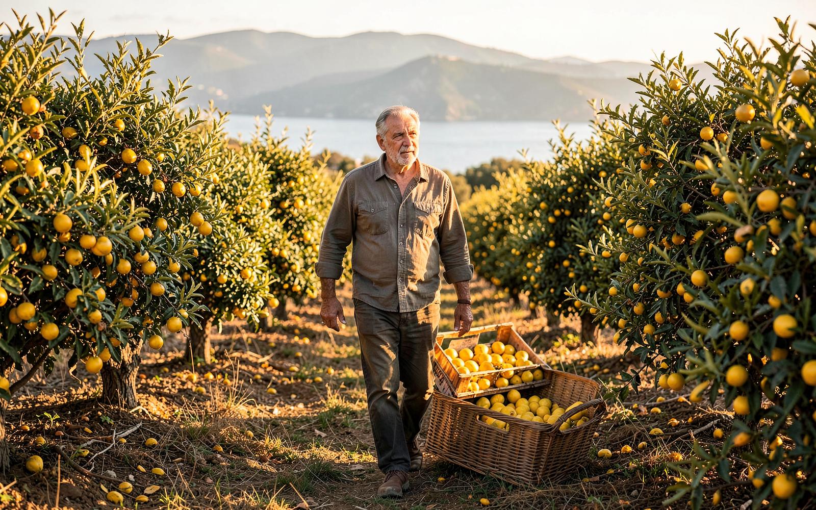 A grower walking through a bergamot grove in Calabria, Italy