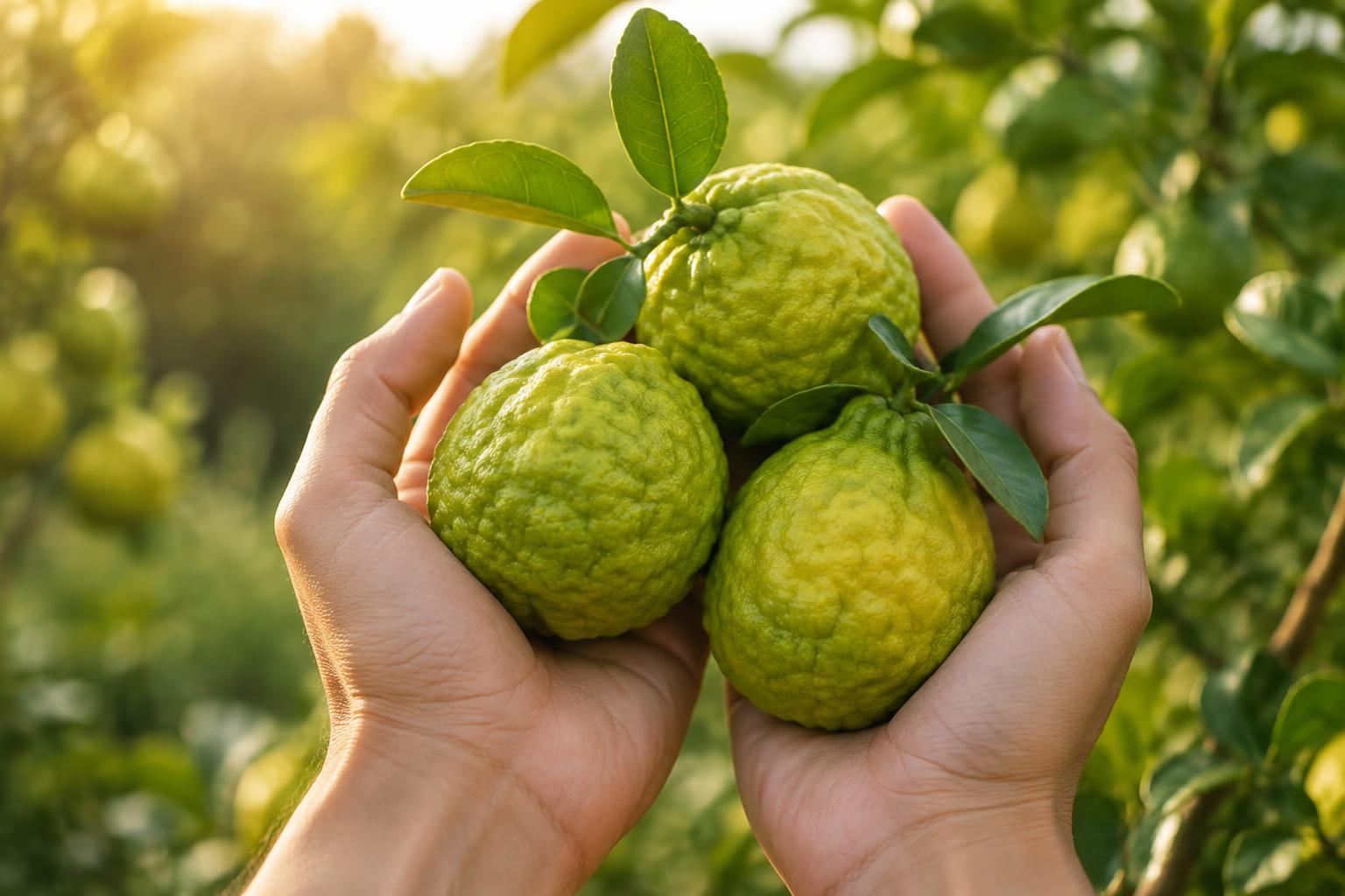 Two hands holding fresh bergamot fruit in a sunlit grove