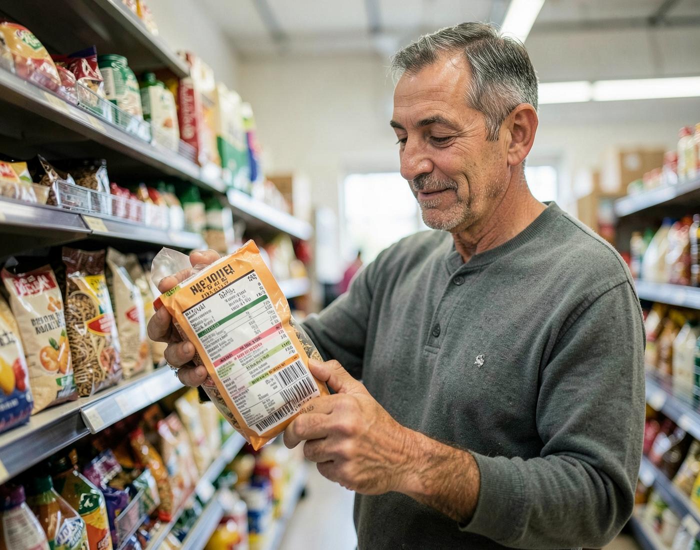A shopper reading a nutrition label
